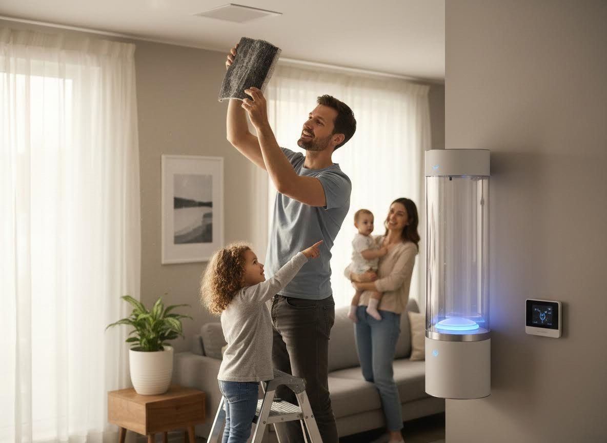 Family inspecting a dirty air filter with a wall-mounted air purifier