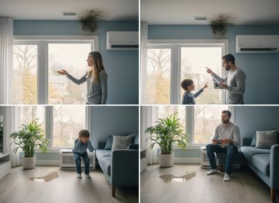 Four panels show a family distressed by a ceiling water leak and mold. A woman points, a man and boy discuss, and a boy covers his ears near a puddle. Family's home damaged by ceiling water leak and mold