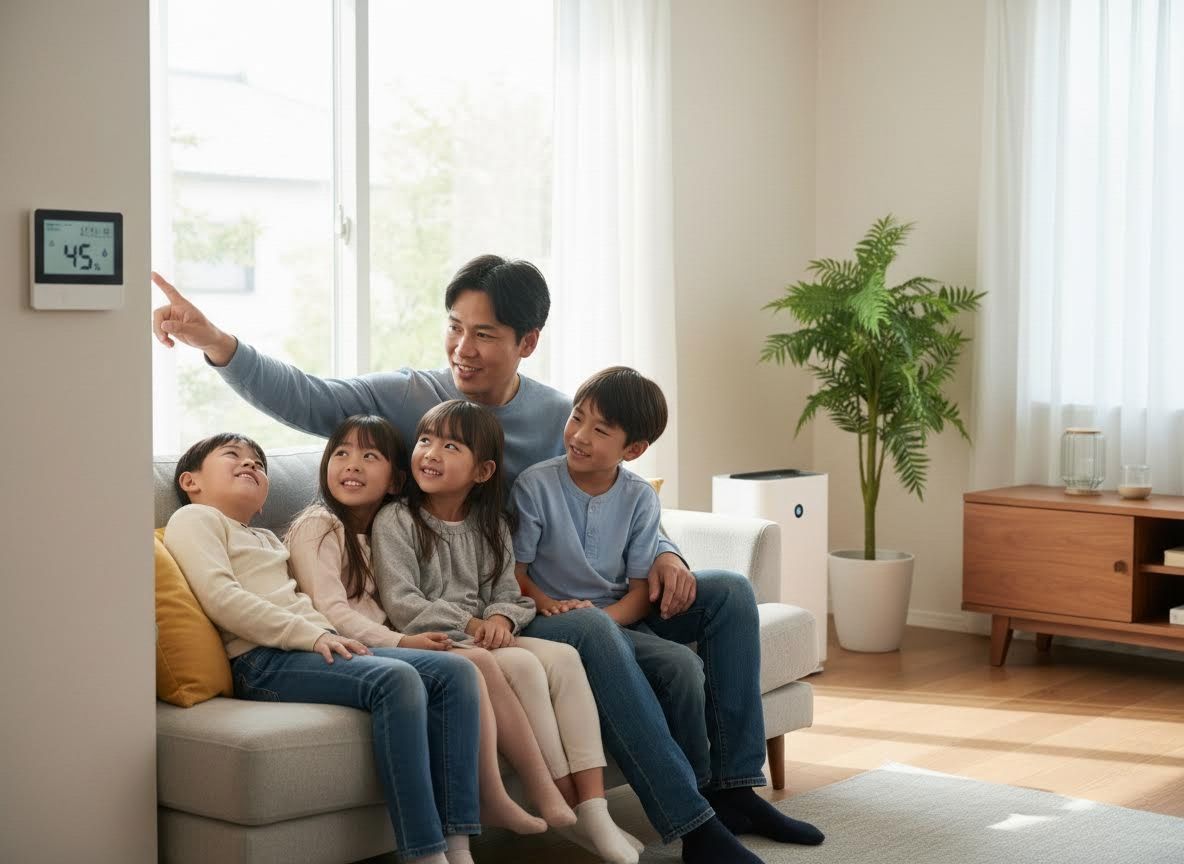Father and children interacting with a smart home device