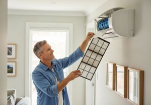 Man changing air conditioning filter at home