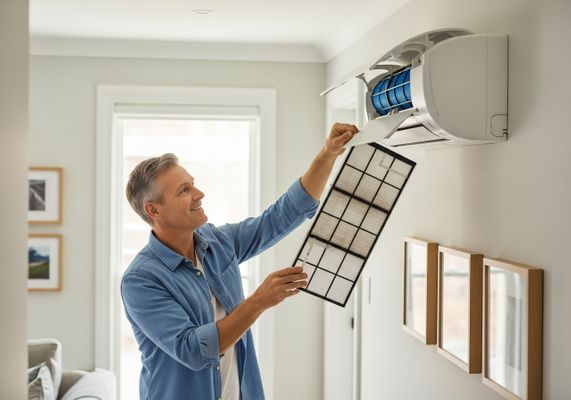 Man changing air conditioning filter at home