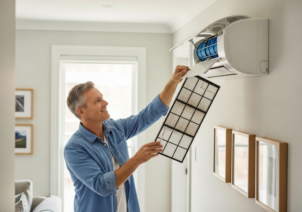 Man changing air conditioning filter at home