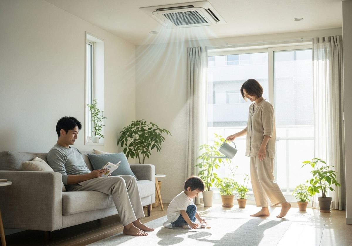 Family Relaxing in Air Conditioned Living Room