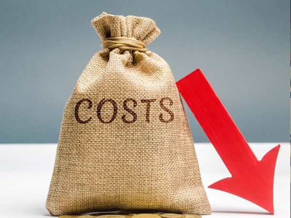 A burlap sac with the word "COSTS" written on it next to a downward facing arrow