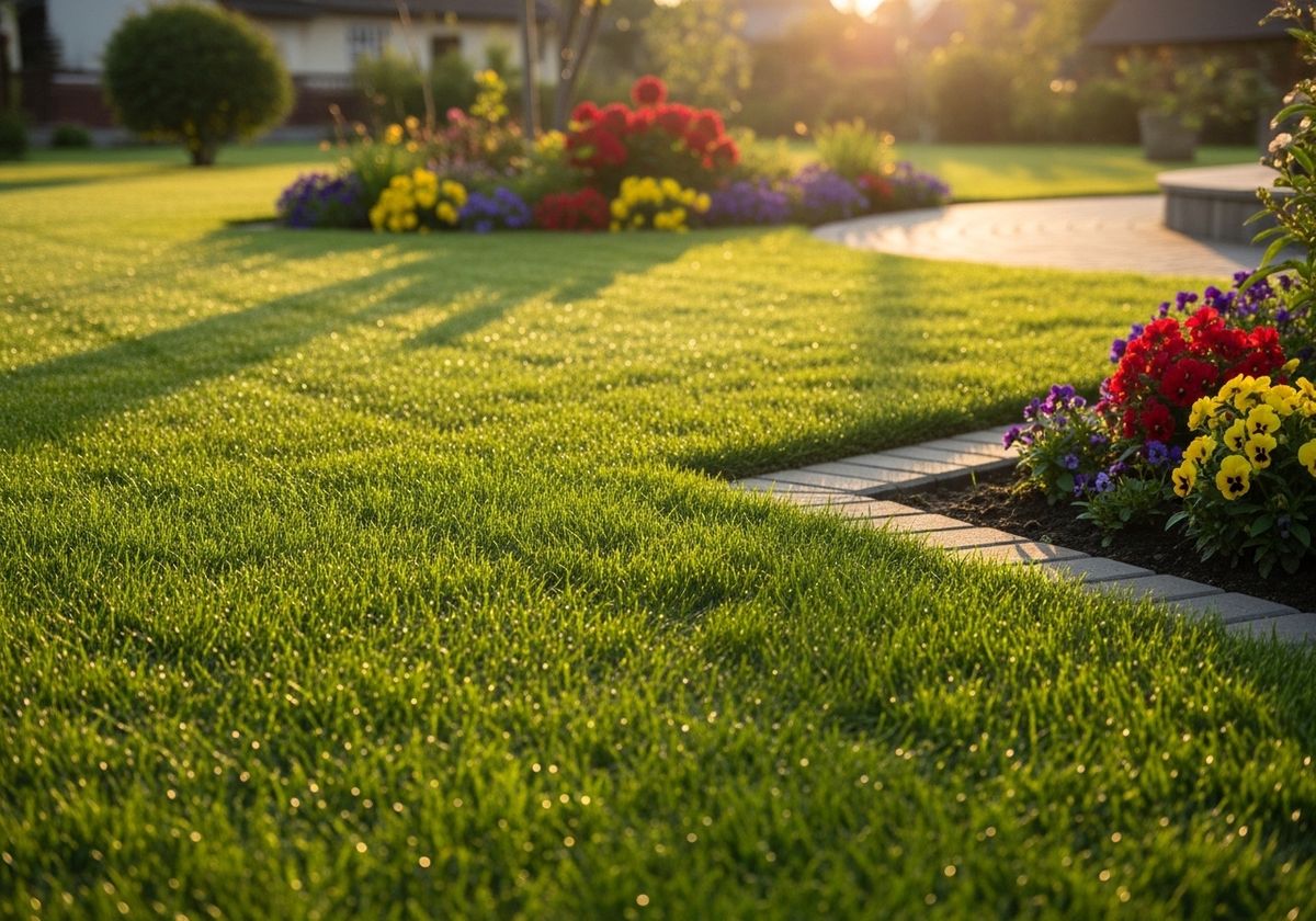 Lush Green Lawn with Colorful Flowerbed
