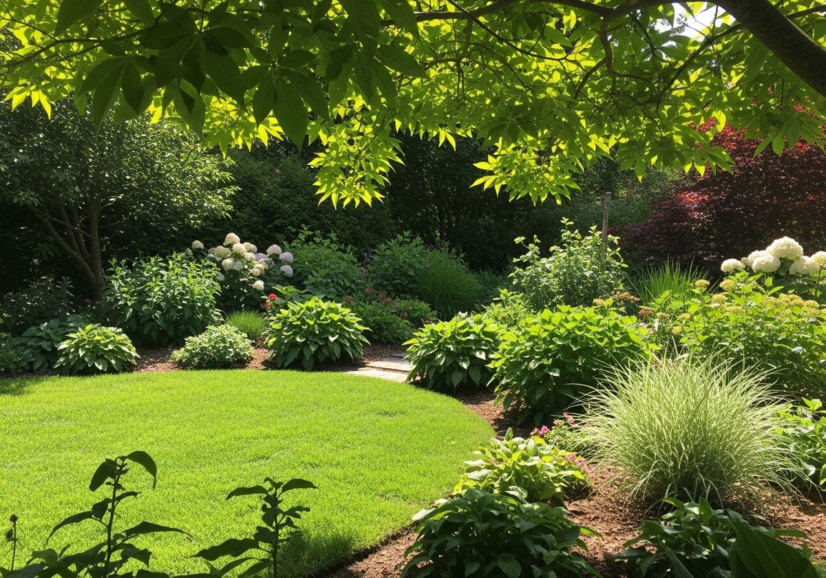 Lush green garden with hydrangeas and ornamental grasses