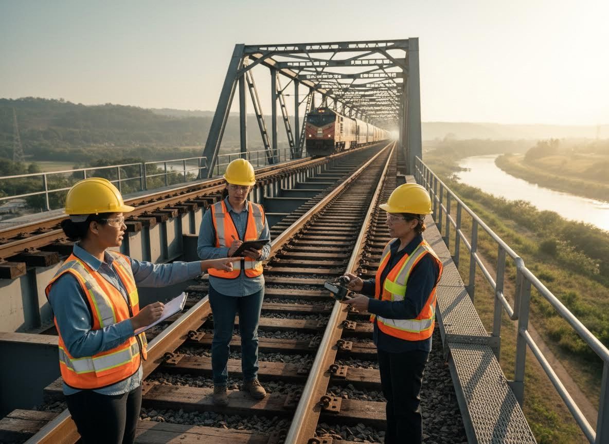 Women engineers inspecting a railway bridge with an approaching train