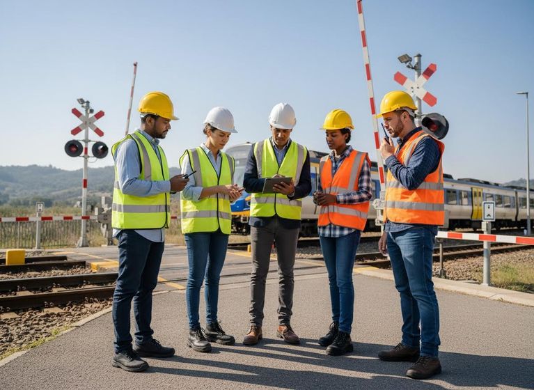 Railway Engineers at a Train Crossing