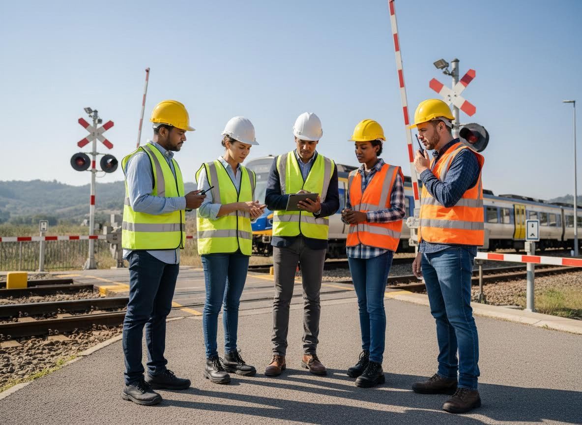 Railway Engineers at a Train Crossing