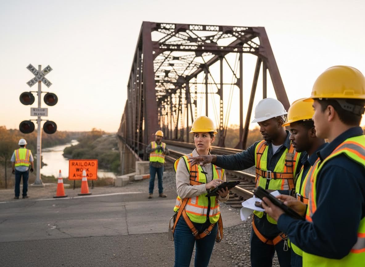 Construction crew collaborating at railroad bridge