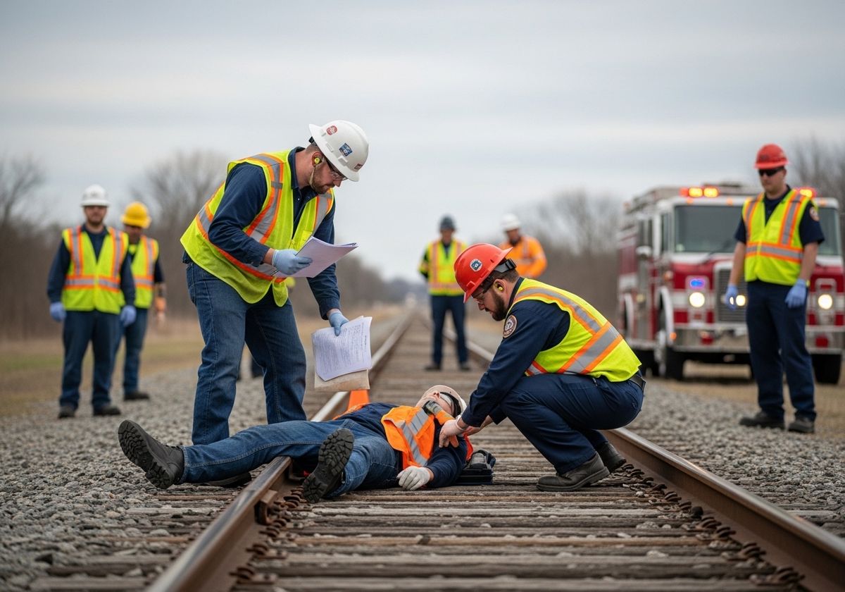 Emergency Responders Aid Injured Worker on Railroad Tracks