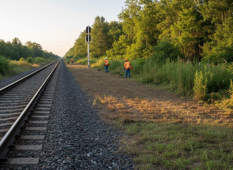 Railway Workers Clearing Vegetation by Train Tracks