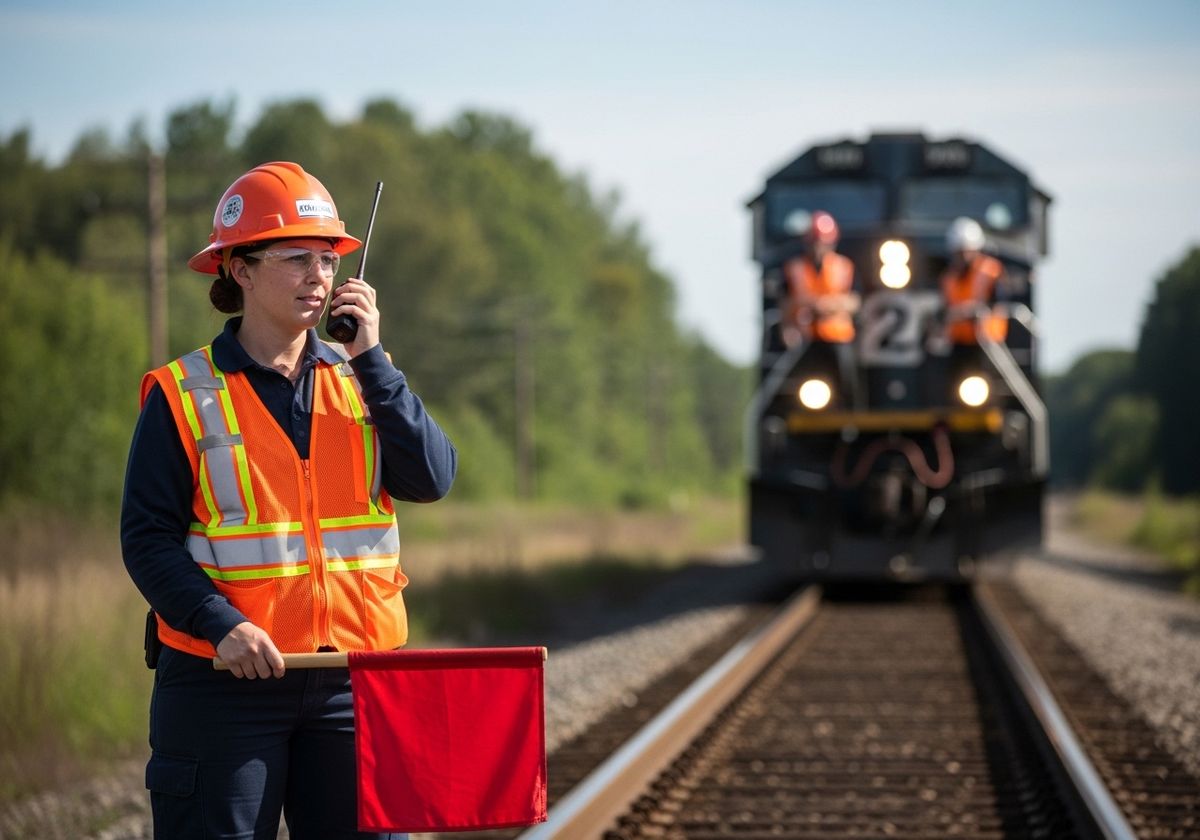 Female railway worker with radio and flag