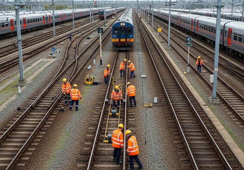 Railway workers inspecting tracks near train station