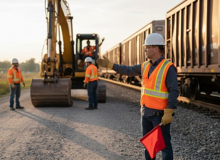 Construction Crew Directing Work Near Train and Excavator