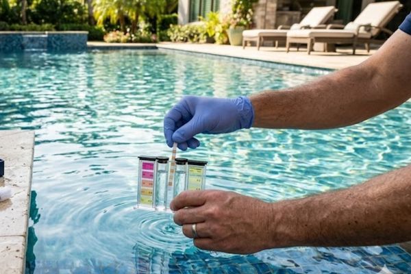 Person checking the pH levels of a residential pool