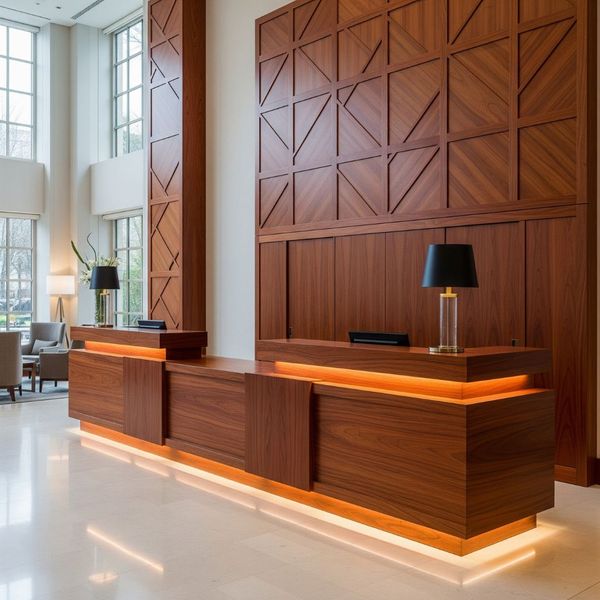A luxurious hotel lobby with a grand wooden reception desk and wall paneling. A luxurious hotel lobby with a grand wooden reception desk and wall paneling.