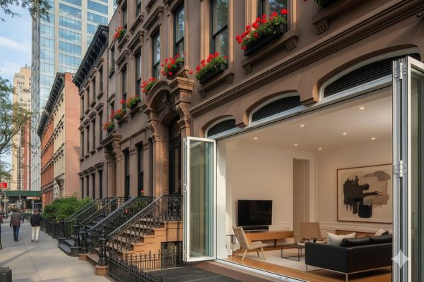 building in manhattan with open window looking into home