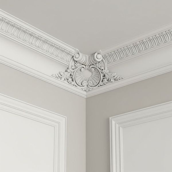 Elegant white wainscoting and ornate crown molding on a wall. Elegant white wainscoting and ornate crown molding on a wall.