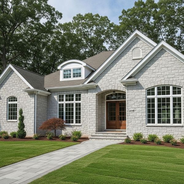 The front exterior of a luxury home featuring a light-colored stone veneer and a matching stone walkway across a green lawn