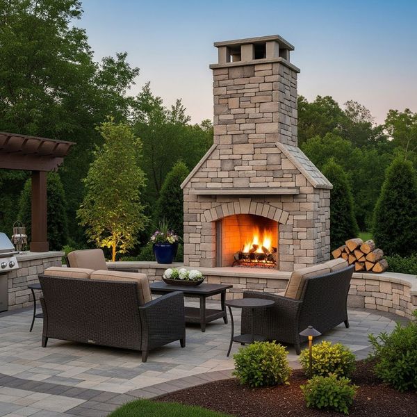 An inviting outdoor living space centered around a beautifully crafted stone fireplace on a paver patio at dusk