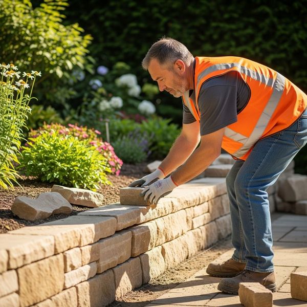 A professional masonry contractor in an orange safety vest carefully building a garden retaining wall with stone blocks