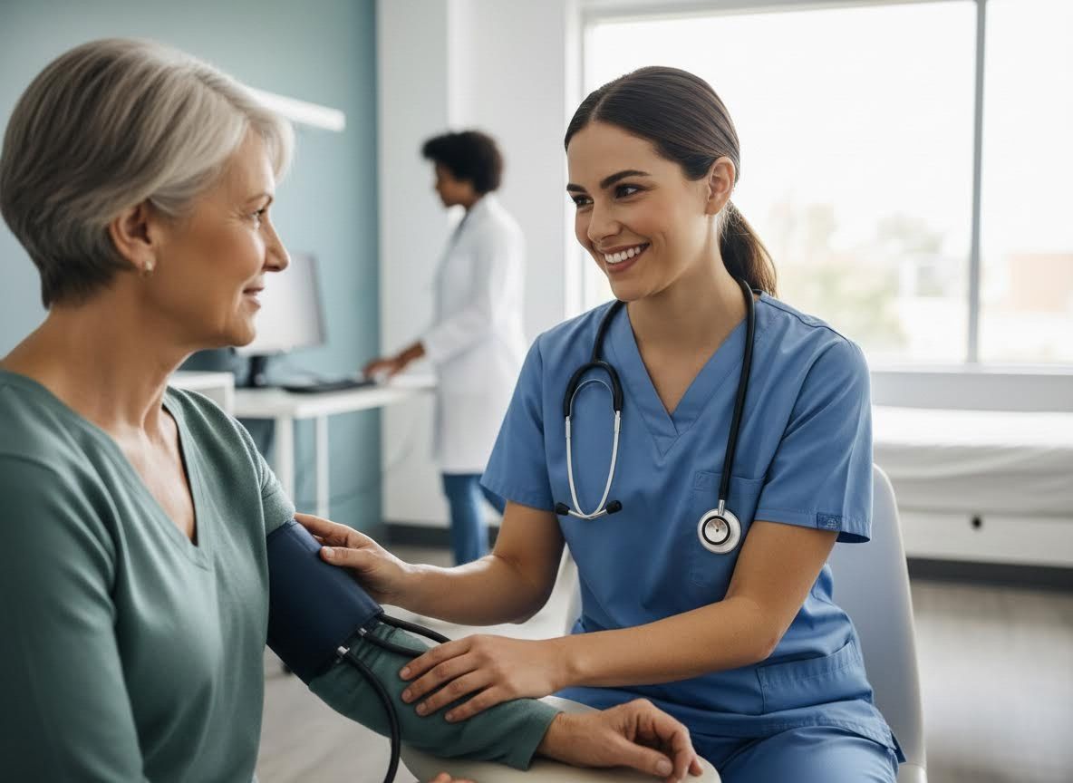 Nurse taking blood pressure of an older female patient