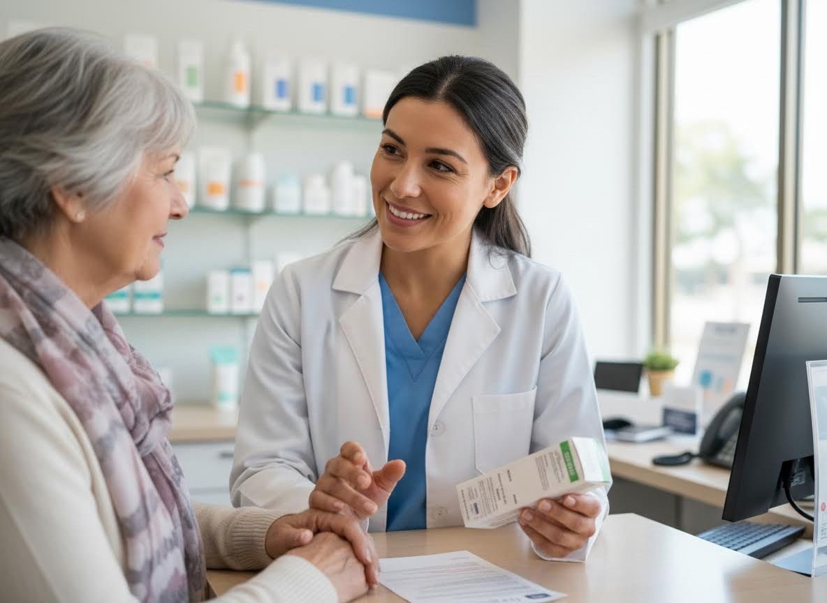 Pharmacist consults with senior patient at pharmacy counter