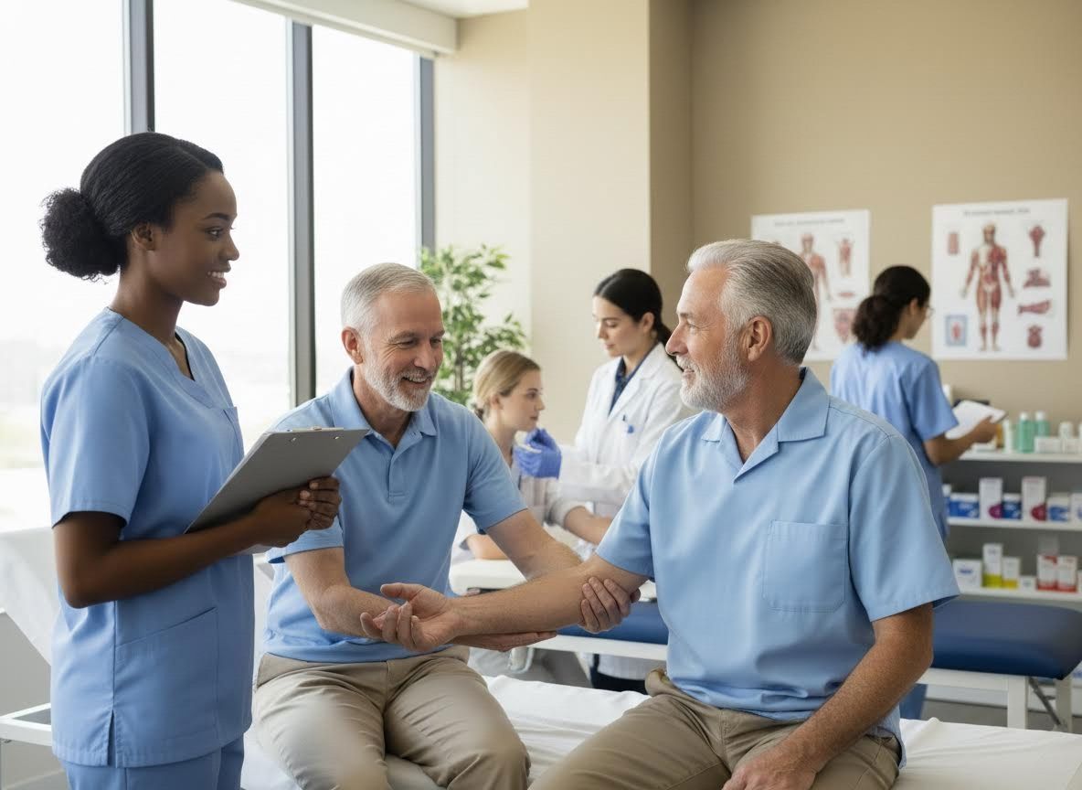 Men receiving physical therapy in a clinic with a nurse