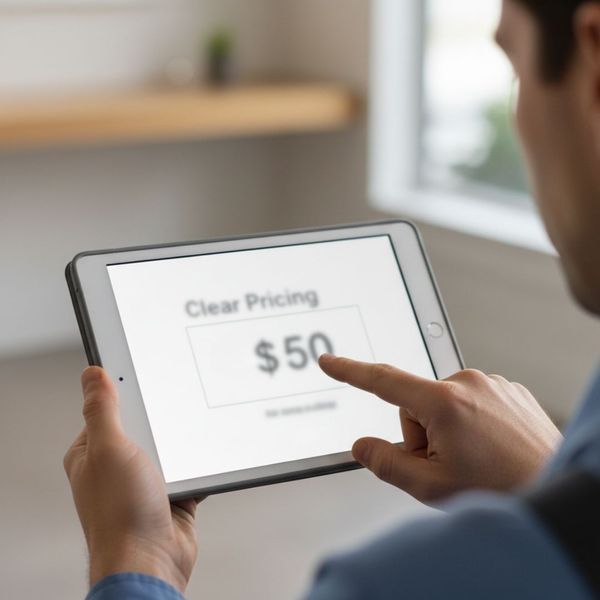 Technician pointing to a clear, honest, and affordable pricing breakdown on a digital tablet Technician pointing to a clear, honest, and affordable pricing breakdown on a digital tablet