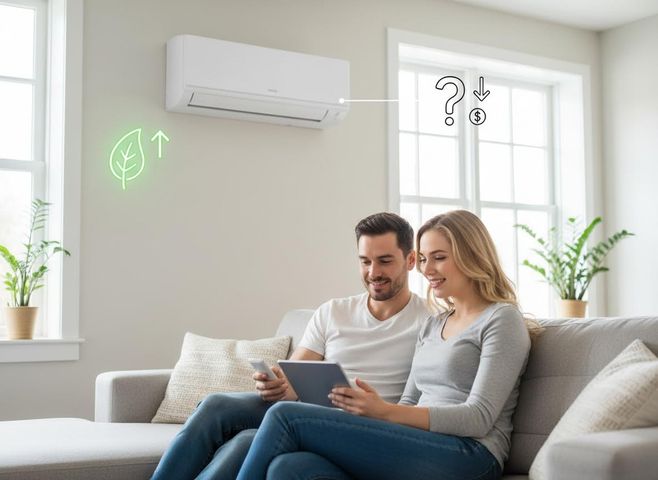 Couple reviewing AC energy efficiency and savings