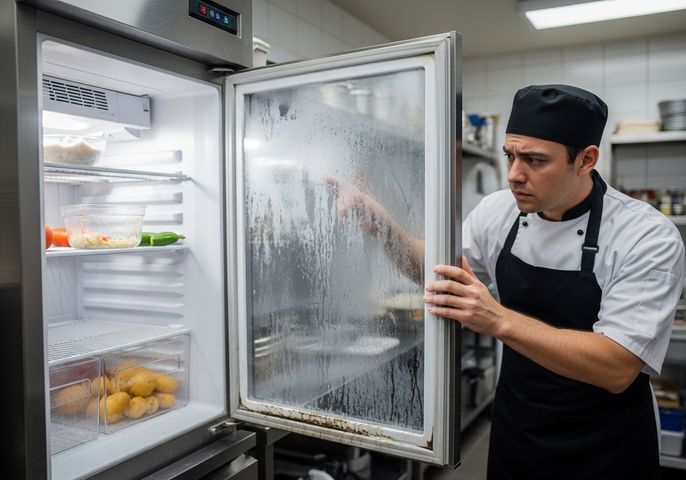 A chef in a black hat and apron peers into a large, stainless steel commercial refrigerator. The refrigerator door is partially open, its glass fogged with condensation, obscuring the contents within. The chef is holding the door with one hand, looking concerned, while the interior of the fridge reveals containers of food such as potatoes, vegetables, and what appears to be mashed potatoes. Chef Inspecting Commercial Refrigerator