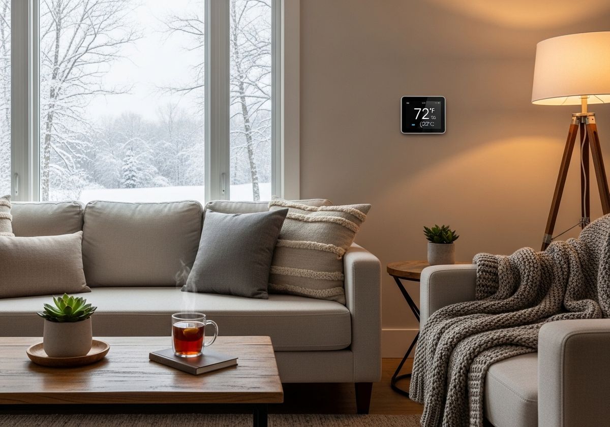 Cozy Living Room with Smart Thermostat in Winter