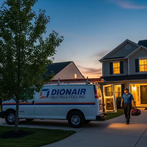HVAC service truck outside home 