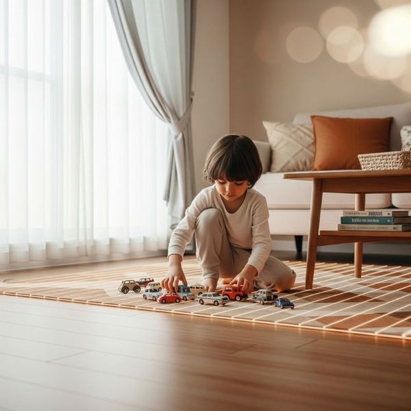 kid plays with toys on floor of warm living room