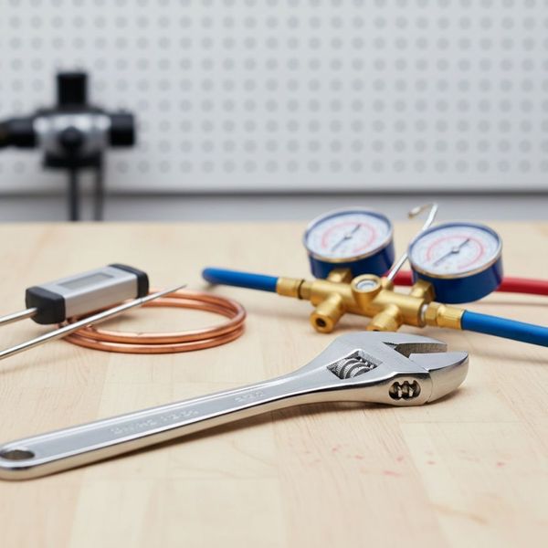 Assortment of tools for HVAC, plumbing, and refrigeration, representing comprehensive service Assortment of tools for HVAC, plumbing, and refrigeration, representing comprehensive service