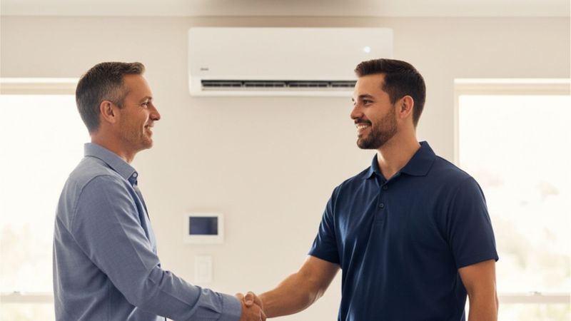 HVAC technician from a family-owned company shaking hands with a satisfied homeowner