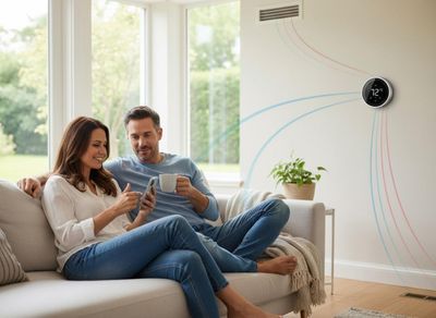 Couple using smart home thermostat app