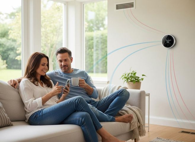 Couple using smart home thermostat app