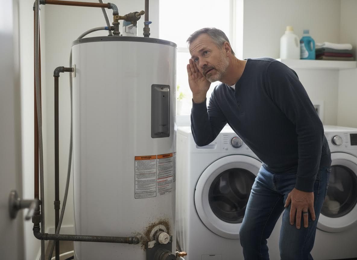 Man listening intently to a noisy water heater