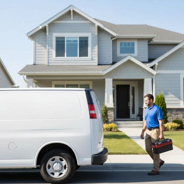 HVAC service van parked outside a residential home, signifying local, fast response HVAC service van parked outside a residential home, signifying local, fast response