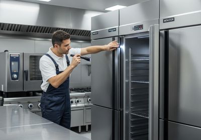 A technician in blue overalls and a white polo shirt is inspecting the interior of a large, stainless steel commercial refrigerator in a restaurant kitchen with a flashlight. The refrigerator door is ajar, revealing empty shelves inside. Technician Inspecting Commercial Refrigerator