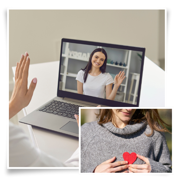 person in an online therapy session and a woman holding a heart shape cut out over her heart