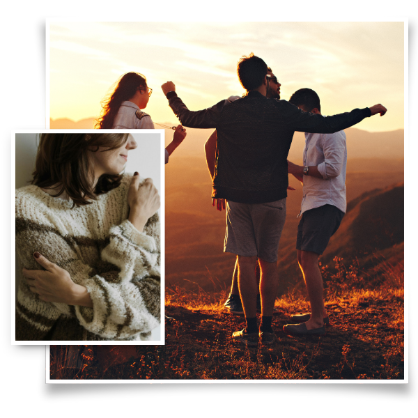 friends outside together and a woman hugging herself