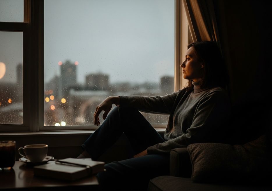 A woman sits on a windowsill looking out, representing the feeling of emotional detachment.