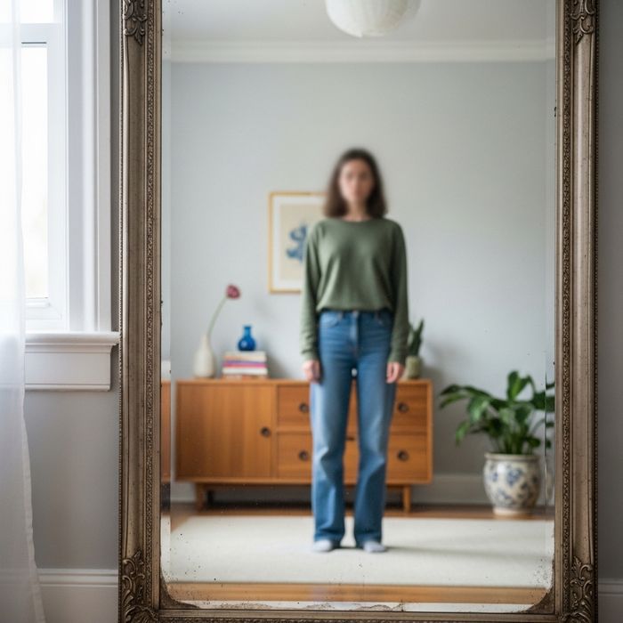 A blurred reflection of a person in a mirror within a calm, bright room.