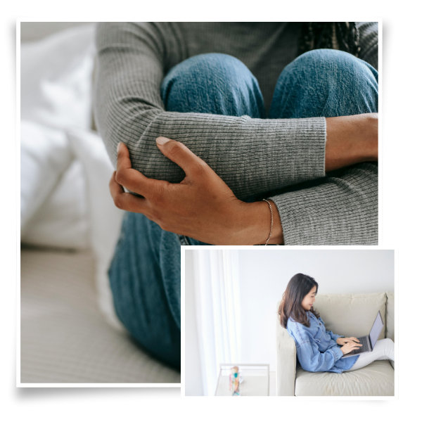 someone hugging themselves and someone in an online therapy session