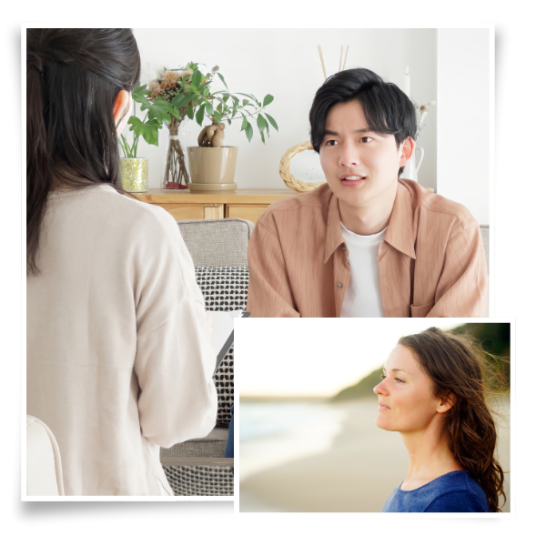 peaceful woman looking at the ocean and man in talk therapy