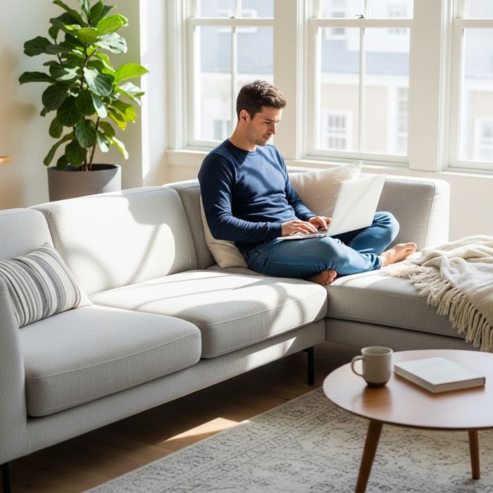 A person sitting comfortably on a sofa interacting with a laptop in a bright living area.