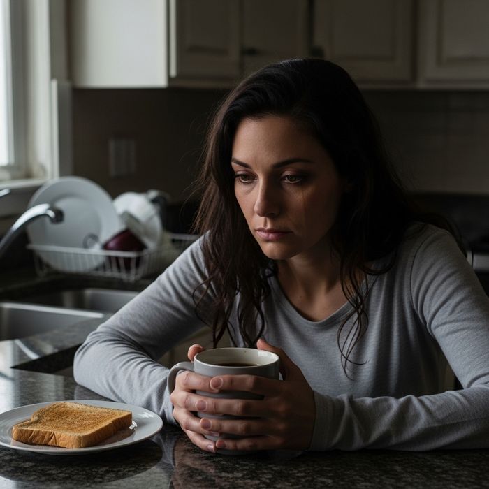 sad woman drinking coffee at her kitchen counter